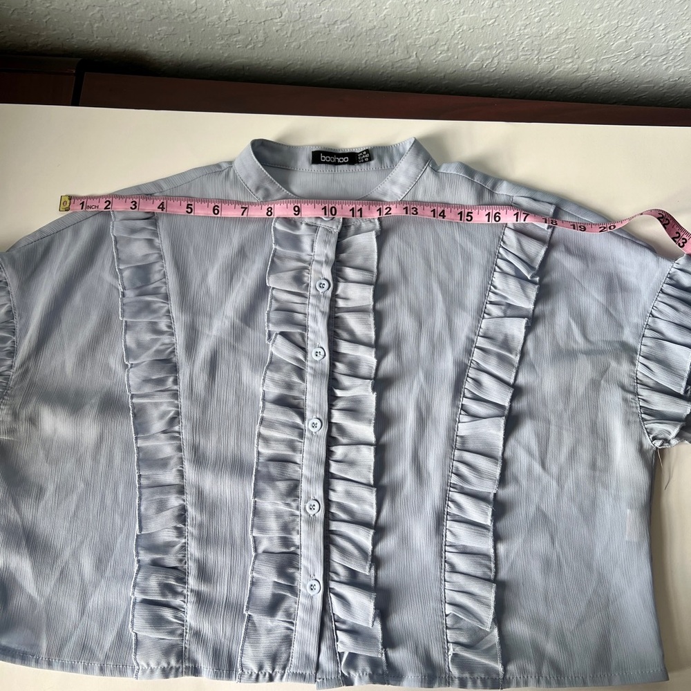 Light Blue Ruffled Button-Up Blouse - Picture 6 of 12